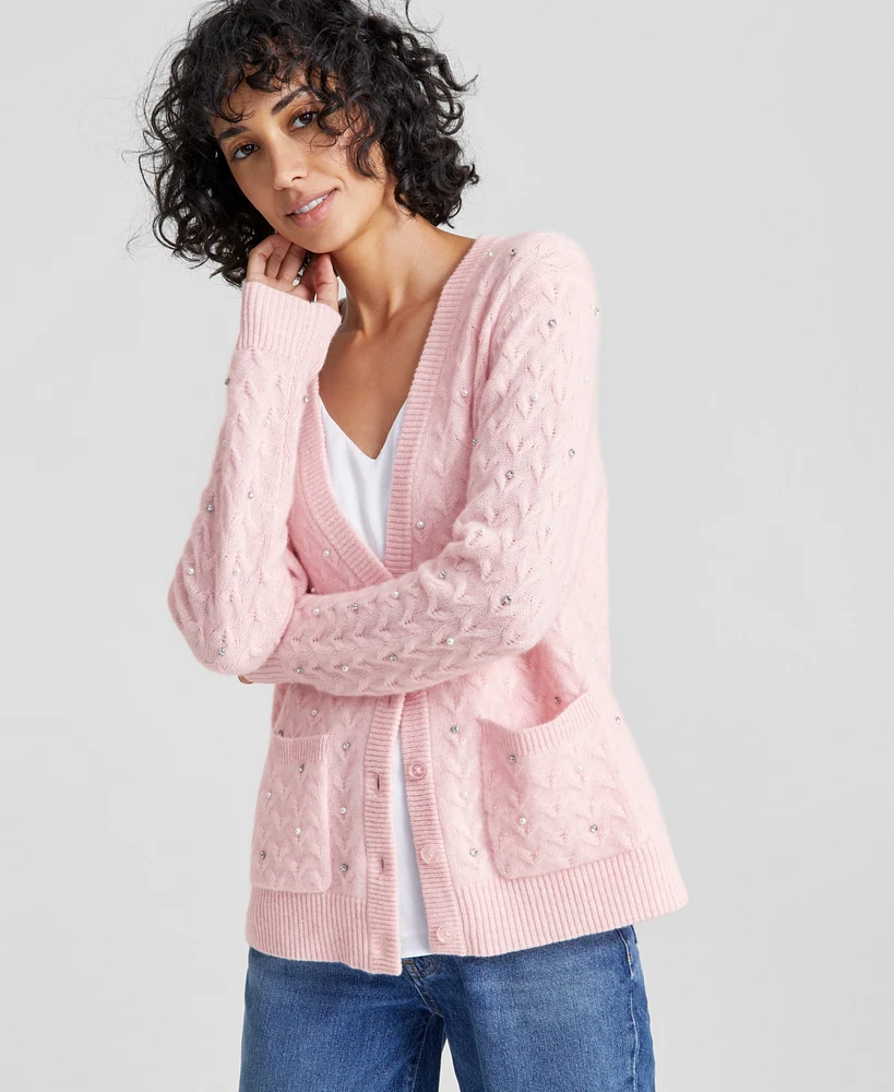 Charter Club Women's Cashmere Embellished Textured Cardigan, Created for Macy's