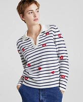 Charter Club Women's Cashmere Striped Heart-Embroidered Polo Sweater, Created for Macy's