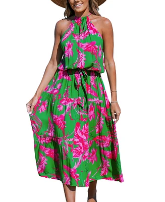 Cupshe Women's Pink-and-Green Floral Maxi Halter Beach Dress