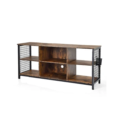 Slickblue Mid-Century Wooden Tv Stand with Storage Basket for TVs up to 65 Inch - Rustic Brown