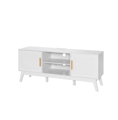 Slickblue Tv Stand Entertainment Media Console with 2 Rattan Cabinets and Open Shelves-White