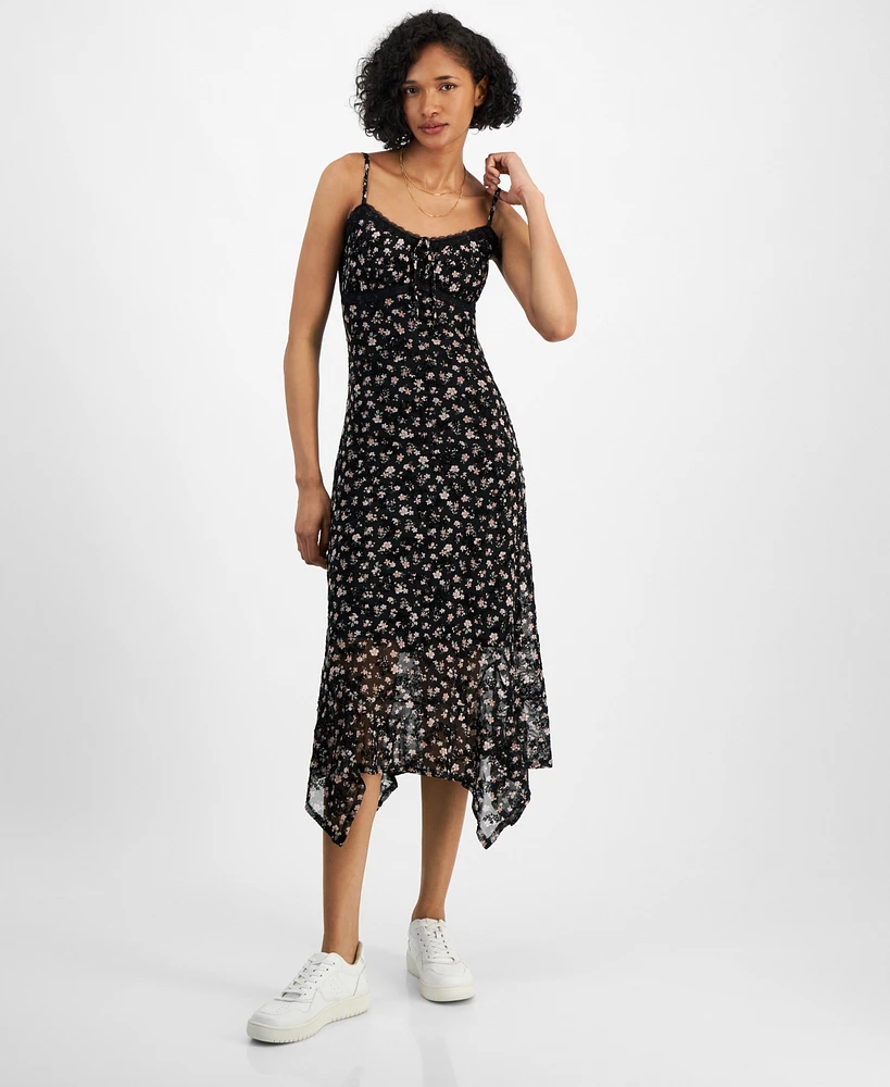 Planet Heart Juniors' Mesh Flocked Asymmetrical Hem Midi Dress