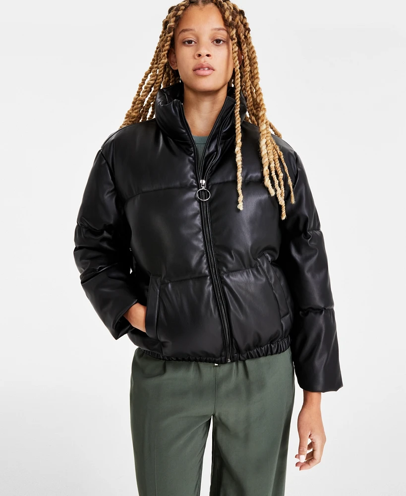 CoffeeShop Juniors' Faux-Leather Cropped Puffer Coat