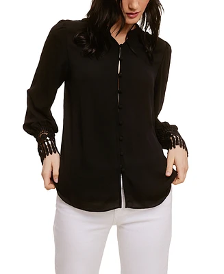 Fever Solid Soft Crepe Blouse With Lace Cuff