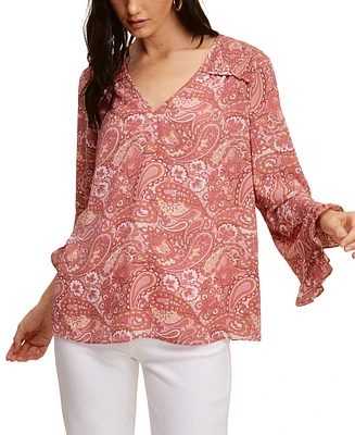 Fever Printed Soft Crepe VNeck Top With Symphony Slv