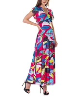 24seven Comfort Apparel Print V Neck Empire Waist Kimono Cap Sleeve Maxi Dress