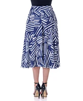 24seven Comfort Apparel Navy Geometric Print Pleated Midi Skirt with Pockets