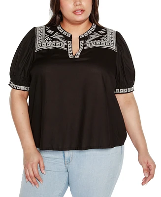 Belldini Black Label Plus Embroidered Boho Short Sleeve Top