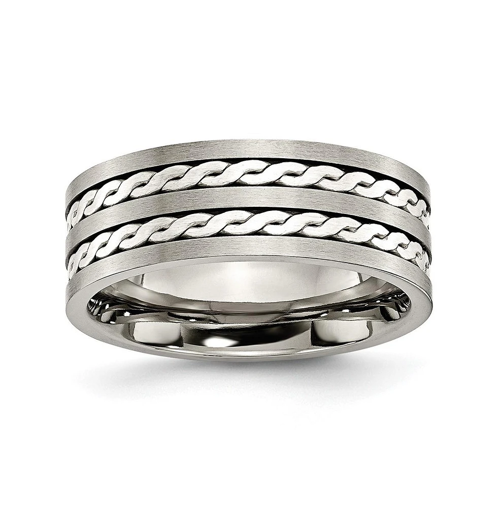 Chisel Titanium Brushed Sterling Silver Braided Inlay Band Ring