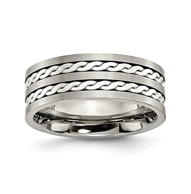 Chisel Titanium Brushed Sterling Silver Braided Inlay Band Ring