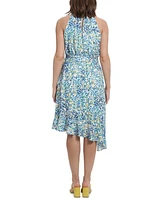 London Times Petite Printed Asymmetrical-Flounce-Hem Dress