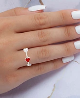 Cubic Zirconia & Red White Enamel Heart Ring Sterling Silver (Also Black Spinel)