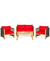 Sugift 4 Pieces Acacia Wood Sofa Set with Cushions for Outdoor Patio