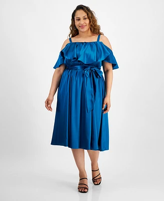 City Studios Plus Ruffled Square-Neck Cold-Shoulder Midi Dress