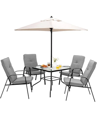 Sugift 6 Pieces Patio Dining Set with Umbrella and Stackable Cushioned Chairs