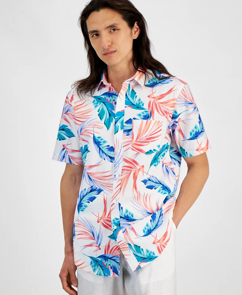 Club Room Men's Summer Leaf Regular-Fit Stretch Tropical-Print Button-Down Poplin Shirt, Created for Macy's