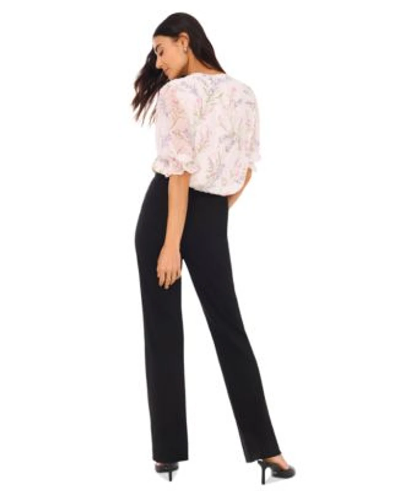 Cece Womens Swiss Dot Floral Print Blouse Wear To Work Flare High Rise Pants