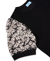 CeCe Women's Mixed Media Sheer Floral Puff Sleeve Knit Dress