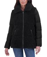 Tahari Women's Mixed-Media Stand-Collar Puffer Coat