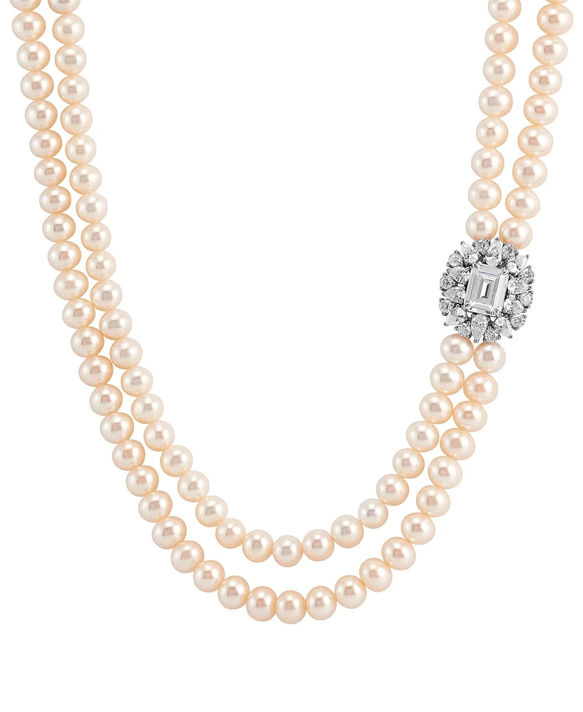 Arabella Freshwater Pearl (5-6mm) & Cubic Zirconia Double Strand 17" Collar Necklace in Sterling Silver