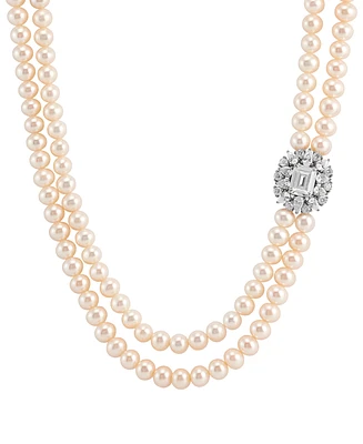 Arabella Freshwater Pearl (5-6mm) & Cubic Zirconia Double Strand 17" Collar Necklace in Sterling Silver