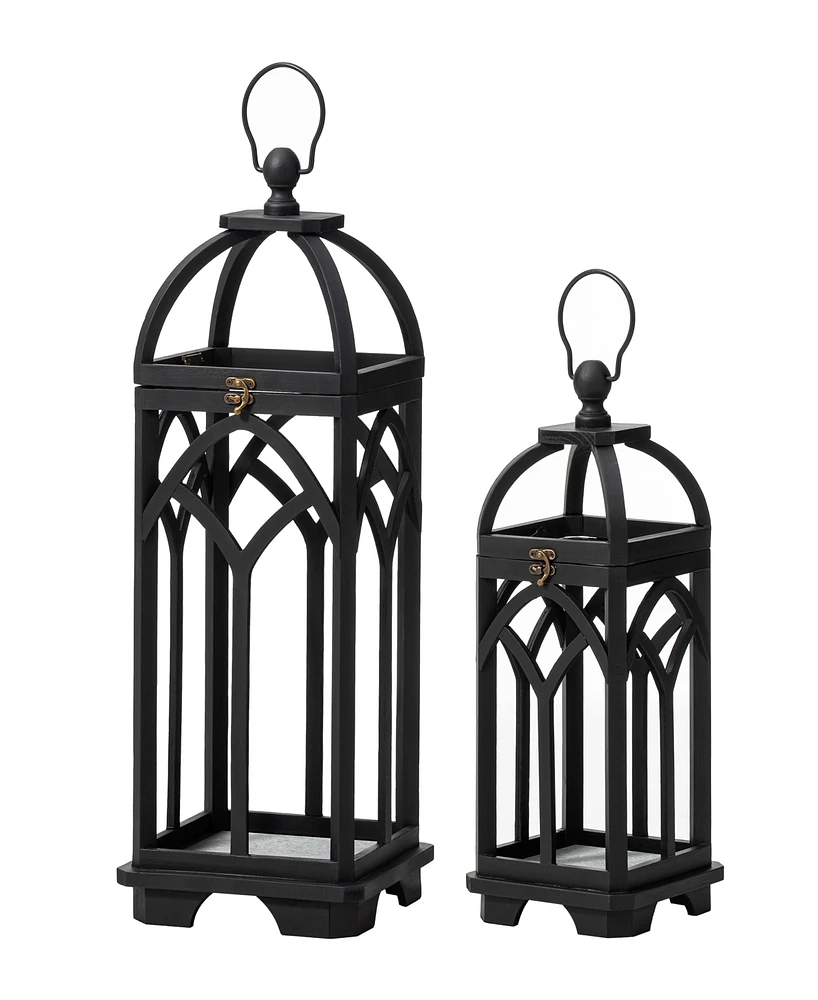 Glitzhome Set of 2 Farmhouse Church Window Wood/Metal Black Lanterns, 9.25"L X 9.25"W X 27.25"H