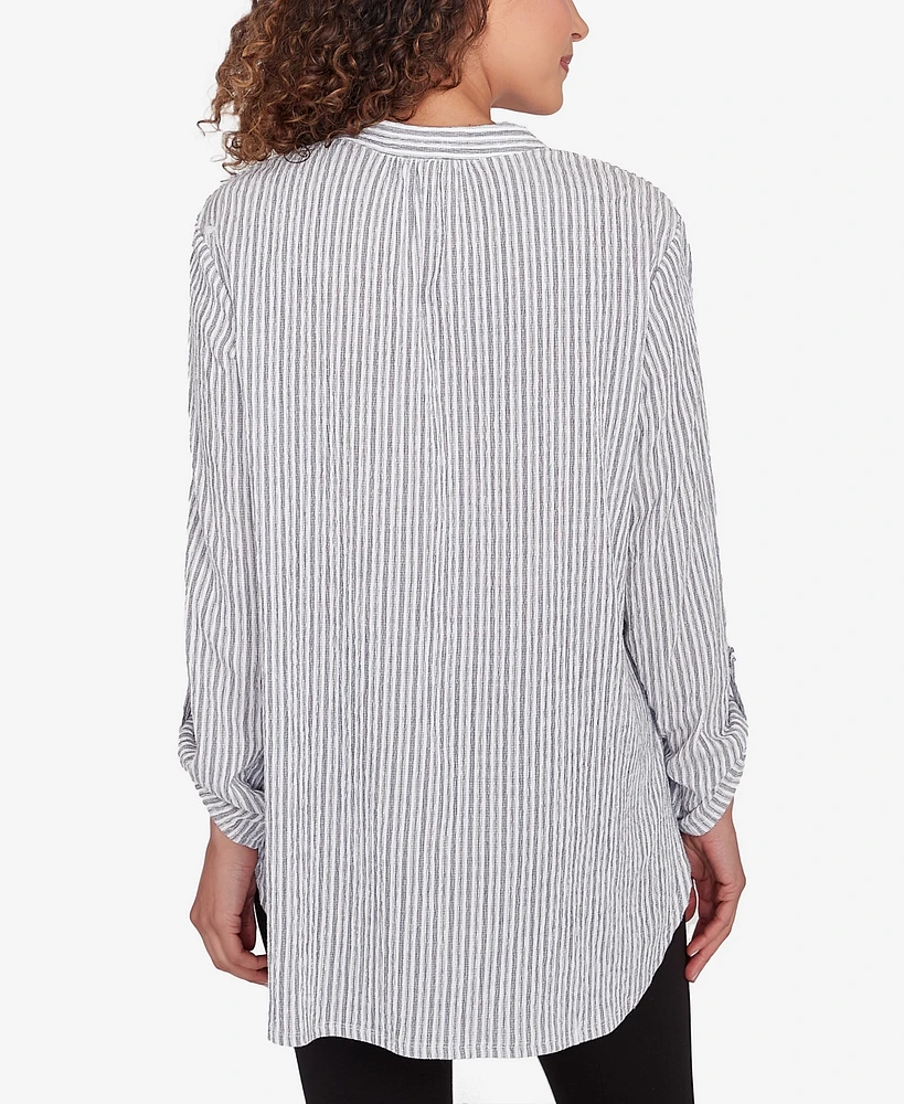 Ruby Rd. Petite Split Neck Embroidered Puckered Stripe Top