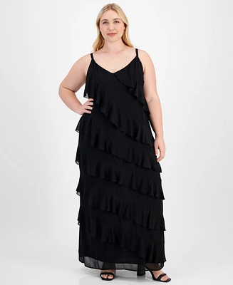 B Darlin Trendy Plus V-Neck Sleeveless Ruffle-Trim Gown