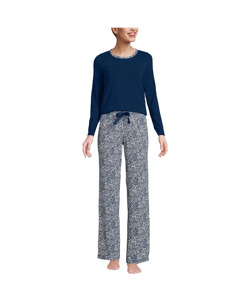 Lands' End Women's Petite Knit Pajama Set Long Sleeve T-Shirt and Pants