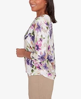 Alfred Dunner Charm School Women's Embellished Keyhole Floral Textured Top