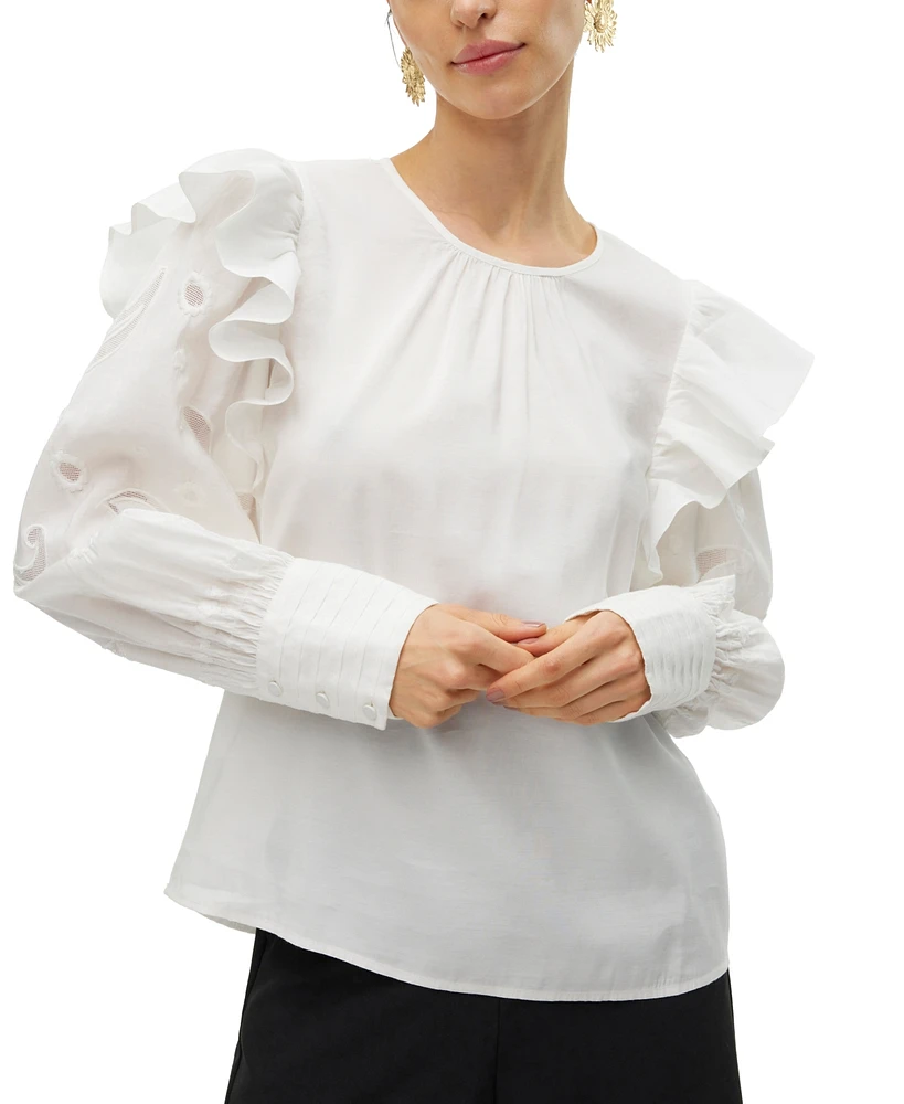 Vero Moda Women's Bilde Embroidered-Sleeve Frilled Top