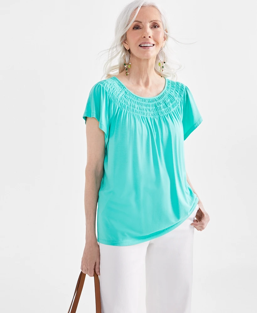 Style & Co Women's Short-Sleeve Smocked-Neck Knit Top