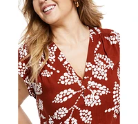 Vince Camuto Plus Printed V-Neck Flutter-Sleeve Top