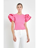 English Factory Women's Mixed Media Ruffled Top