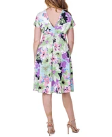24seven Comfort Apparel Floral Print V Neck Empire Waist Kimono Cap Sleeve Knee Length Dress