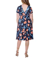 24seven Comfort Apparel Tulip Print V Neck Empire Waist Kimono Cap Sleeve Knee Length Dress