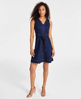 Anne Klein Women's V-Neck Sleeveless Tie-Waist Denim Dress