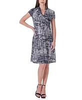 24seven Comfort Apparel Print Short Sleeve Knee Length V Neck Rouched Wrap Dress