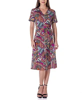 24seven Comfort Apparel Print Short Sleeve Tie Waist Midi Dress