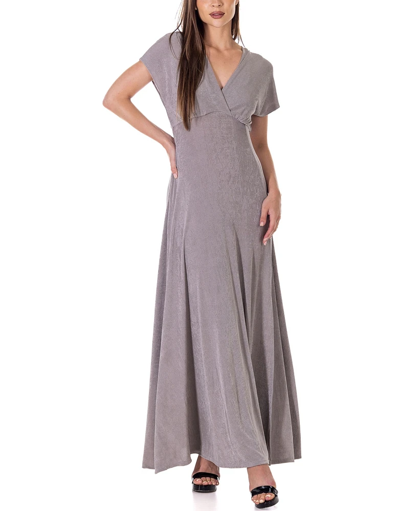 24seven Comfort Apparel Flutter Sleeve Metallic Knit Maxi Dress