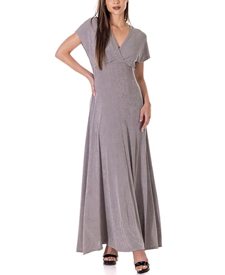 24seven Comfort Apparel Flutter Sleeve Metallic Knit Maxi Dress