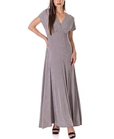 24seven Comfort Apparel Flutter Sleeve Metallic Knit Maxi Dress