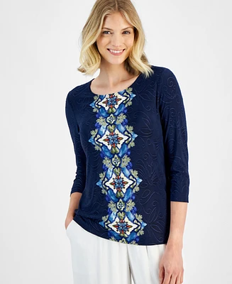 Jm Collection Women's Jacquard Printed 3/4-Sleeve Top, Created for Macy's