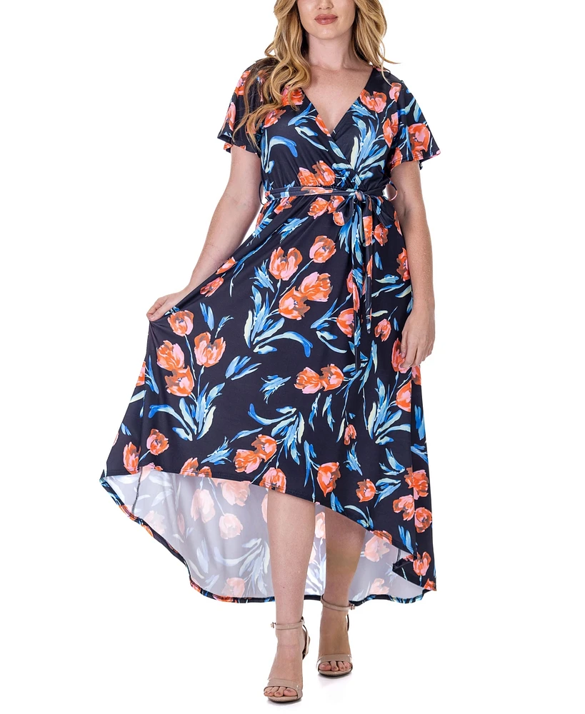 24seven Comfort Apparel Print V Neck Belted High Low Faux Wrap Dress