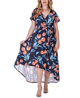 24seven Comfort Apparel Print V Neck Belted High Low Faux Wrap Dress