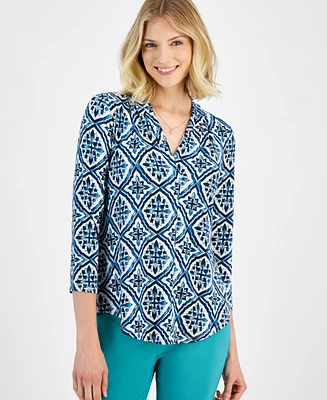 Jm Collection Women's V-Neck Printed 3/4-Sleeve Top, Created for Macy's