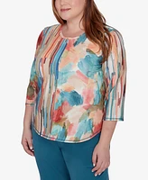 Alfred Dunner Plus Sedona Sky Spliced Floral Brushstroke Stripes Top