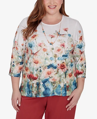 Alfred Dunner Plus Sedona Sky Dragonfly Top With Necklace