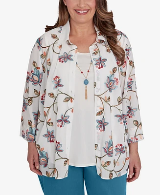 Alfred Dunner Plus Size Sedona Sky Warm Embroidered Two In One Top With Necklace