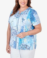 Alfred Dunner Plus Size Patchwork Hearts Split Neck Tee